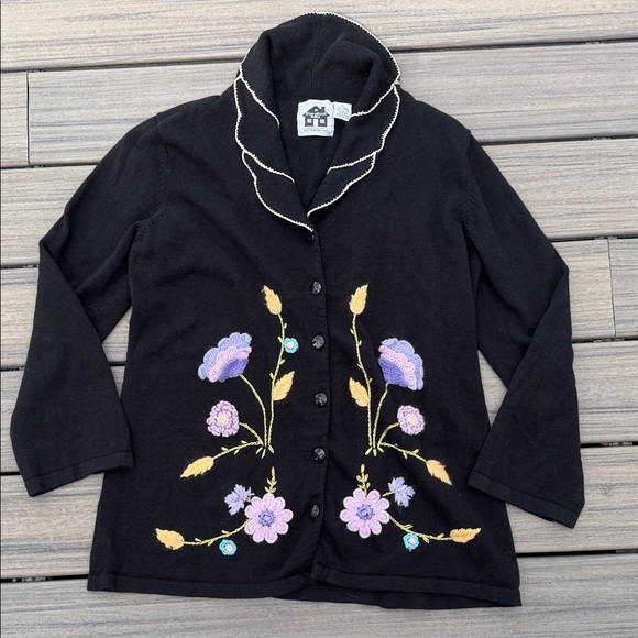 Storybook Knits Sweaters - Whimsical Vintage Storybook Knits Floral Embroidered Black Cardigan 1X botanical